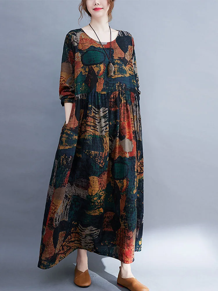 

NYFS 2023 Autumn New Vintage Long Sleeve Big Hem Woman Dress Vestidos Robe Ete Femme Elbise Loose Cotton Linen Print Long Dress