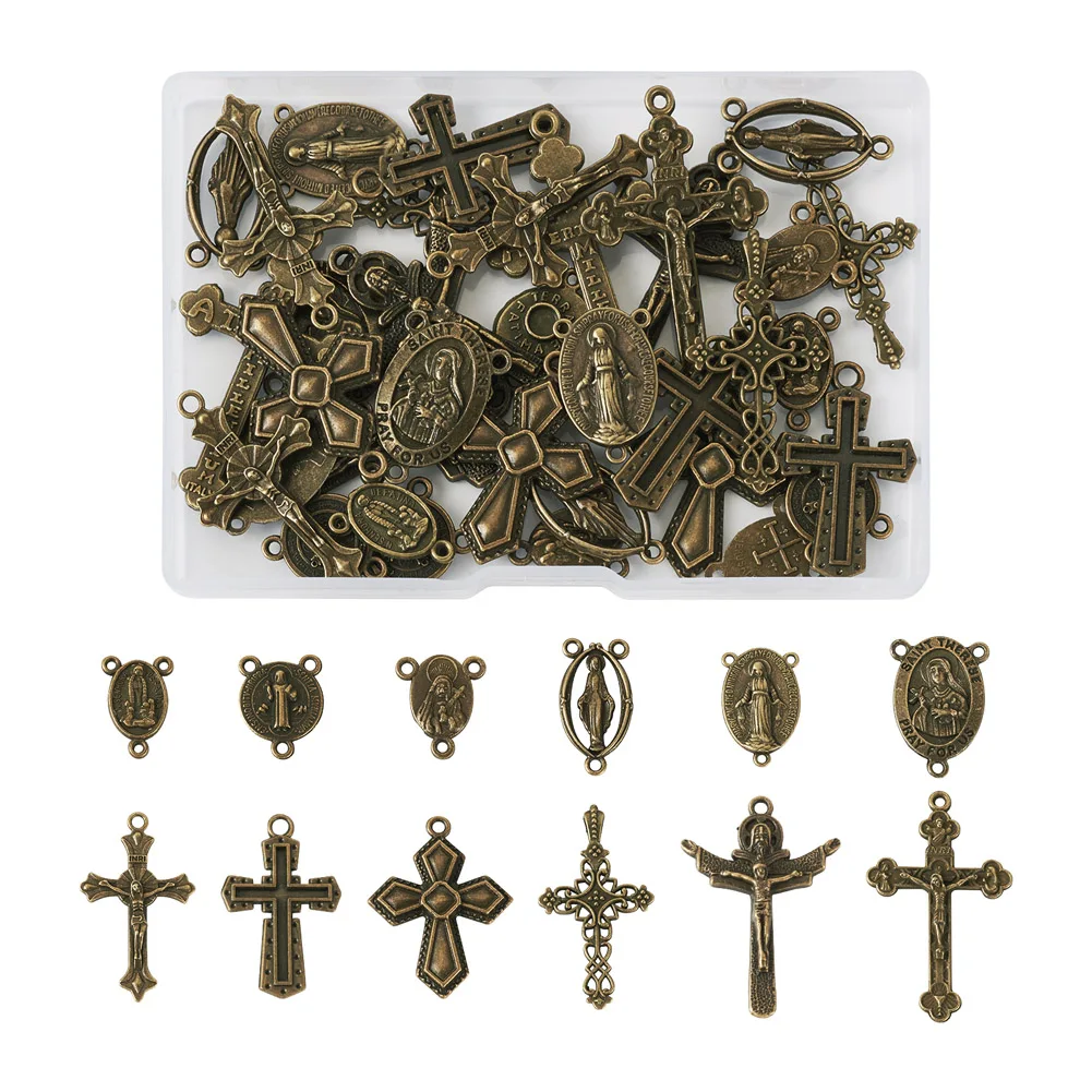 

48Pcs Retro Alloy Oval Cross Pendants Chandelier Links Charms for DIY Religion Jewelry Making Rosary Necklace Findings Kit