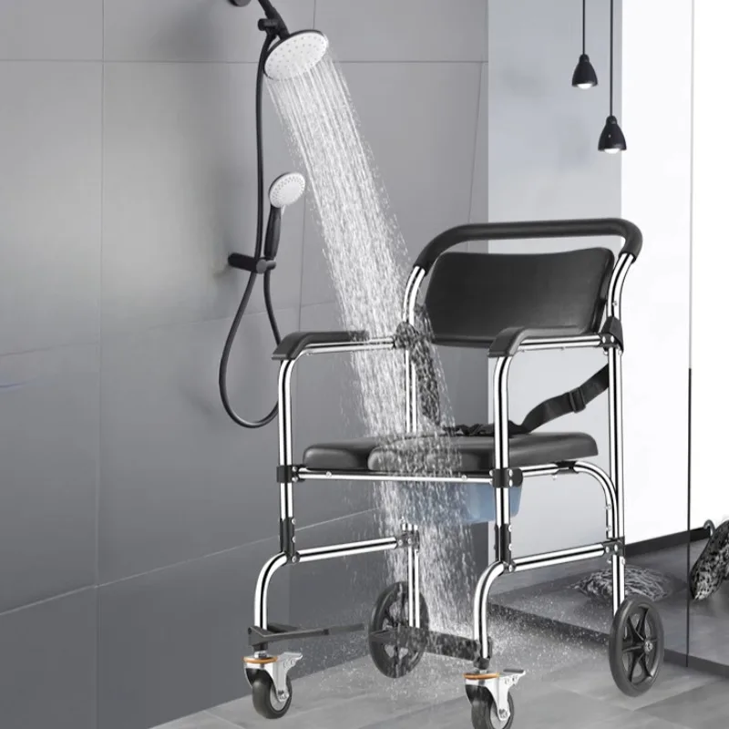 Mobile Bath Chair Folding Stainless Steel Commode Toilet Disabled Shower Seat with Wheels Wheeled Foldable Shower Toilet Chairs
