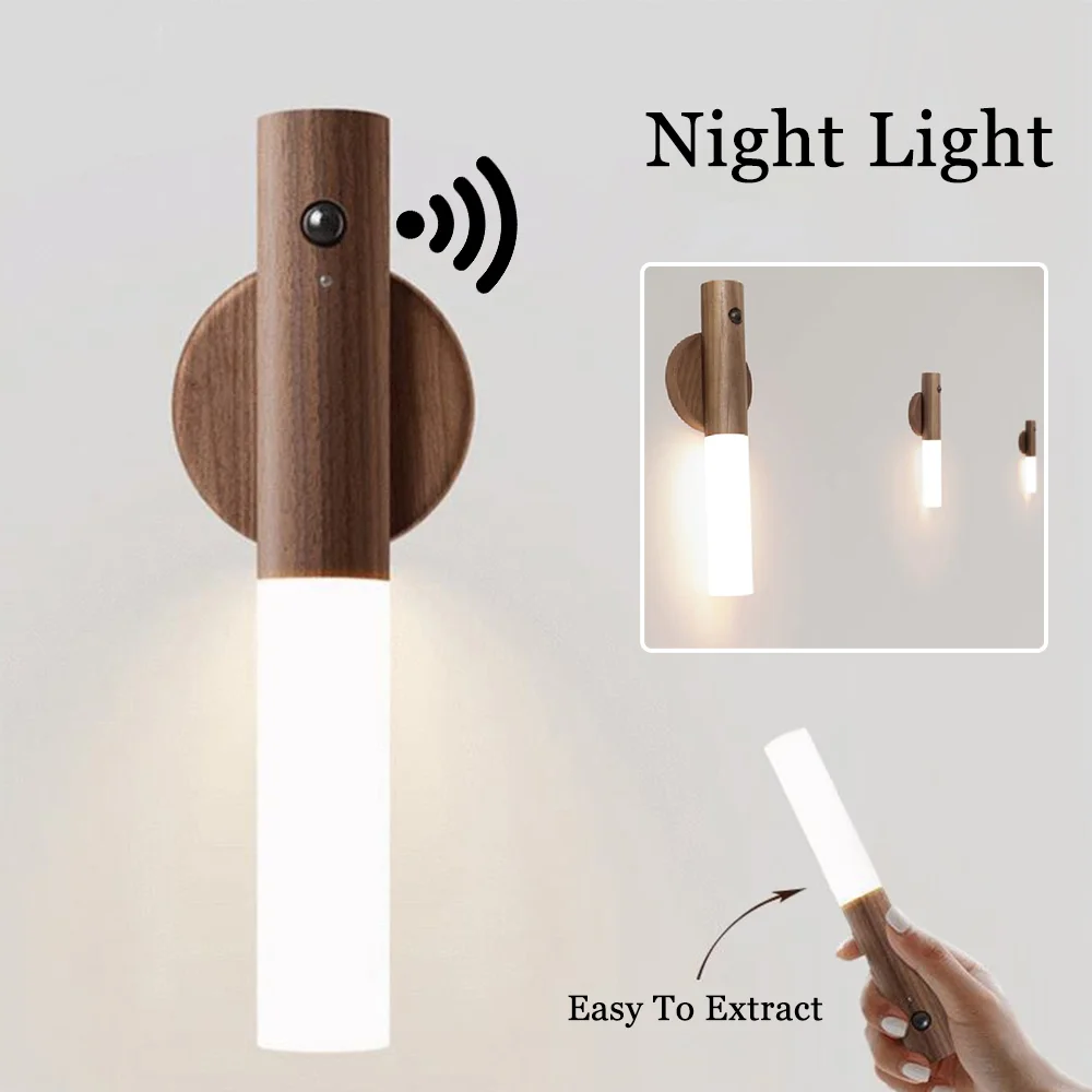 Auto Led Usb Magnetic Wood Wireless Night Light Corridoi Portico Luci Pir Motion Sensor Applique Da Parete Lampada Da Armadio
