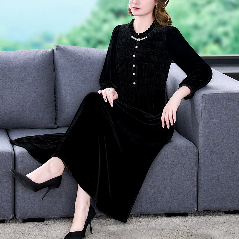 

Autumn and Winter Vintage Silk Velvet Dress For Women 2023 New Fashion Versatile Round Neck Loose Fit Holiday Dress Vestidos