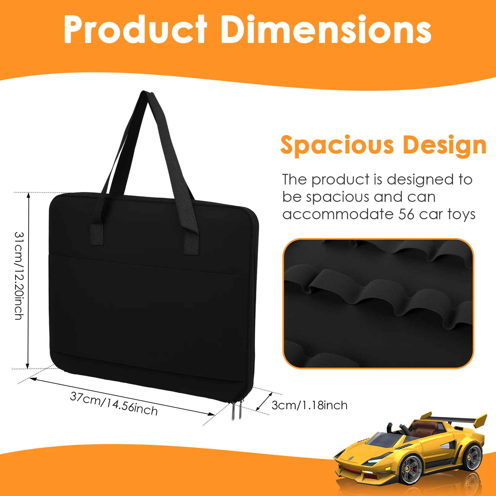 תיק אחסון נייד לרכב צעצוע עם ידית, מחזיק עד 56 רכבי צעצוע בנפח גדול