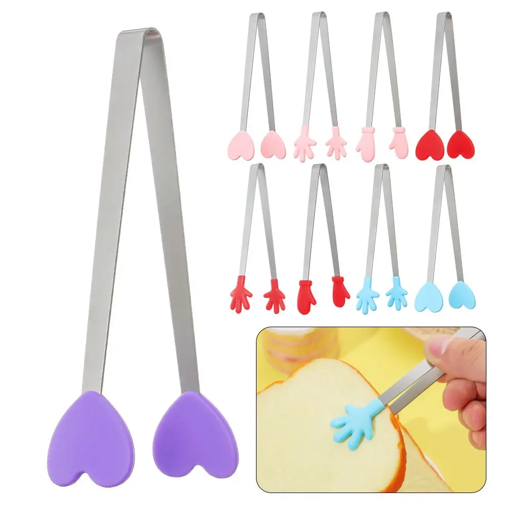 Food Tongs 1PC Durable Silicone Stainless Steel Mini Snack Food Tongs Non-slip Handles BBQ Bread Ice Cube Clip