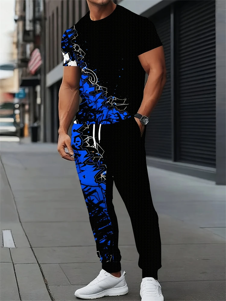 الصيف الرجال التدرج المرقعة طباعة قطعتين مجموعة أنيقة طاقم الرقبة قصيرة الأكمام مع الرباط السراويل الرجال البدلة