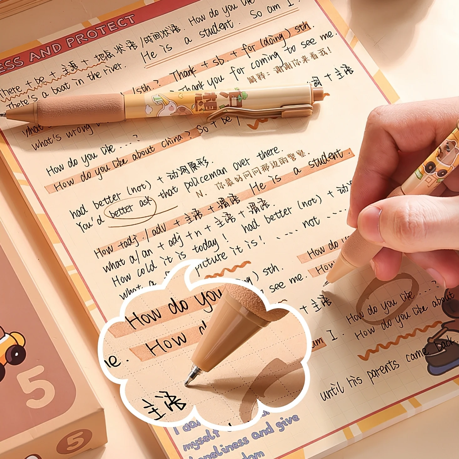 5pcs Capybara Gel Pens Set Metal Cartoon Patch 0.5mm Ballpoint Black Color Ink for Writing F7629 6