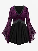 ROSEGAL Plus Size Women V-Neck Tops Moon Star Printed Mesh Panel Bell Sleeves Ruched Chain Tassel Patchwork T-shirt Multi Colors - Image 2