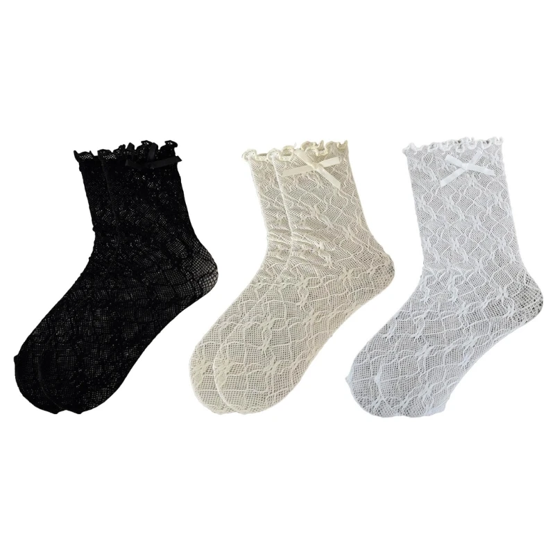 

L93F Sweet Bowknot Calf Socks Ankle Socks Ruffle Socks for Women Hollow Mesh Socks Ballet Style Socks Pile Socks
