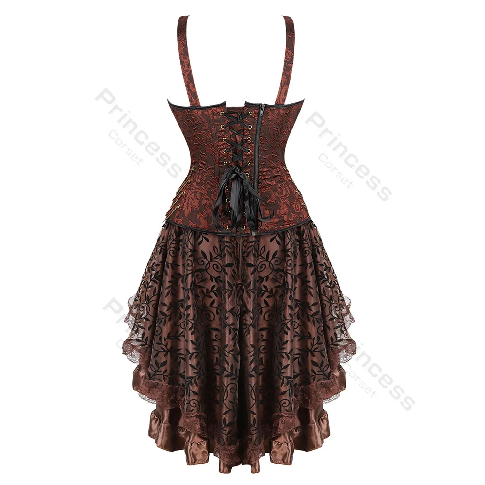 Steampunk Corset Dress Plus Size Burlesque Costume Corset with Straps Adjustable with High Low Skirt Pirate Corset Dresses Brown