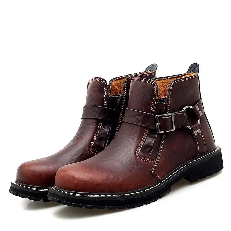 Men Vintage Motorcycle Ankle Boots Genuine Leather Western Knight Cowboy Boots Belt Buckle High Quality Chelsea Work Safety Shoe