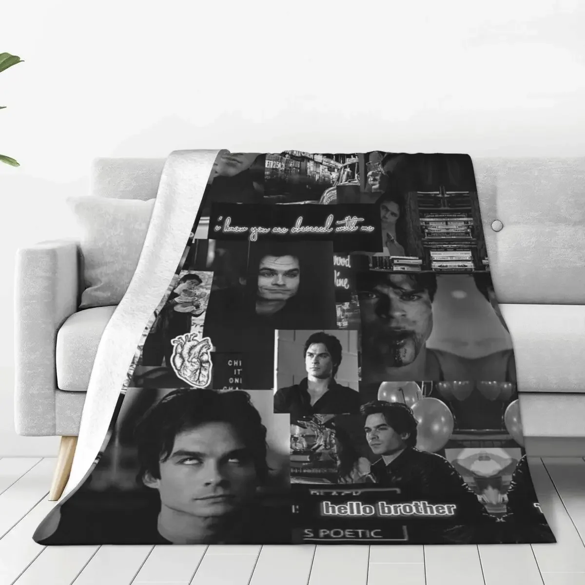 

Damon Salvatore The Vampire Diaries Flannel Blankets Vintage Throw Blankets for Sofa Bedding Lounge 150*125cm