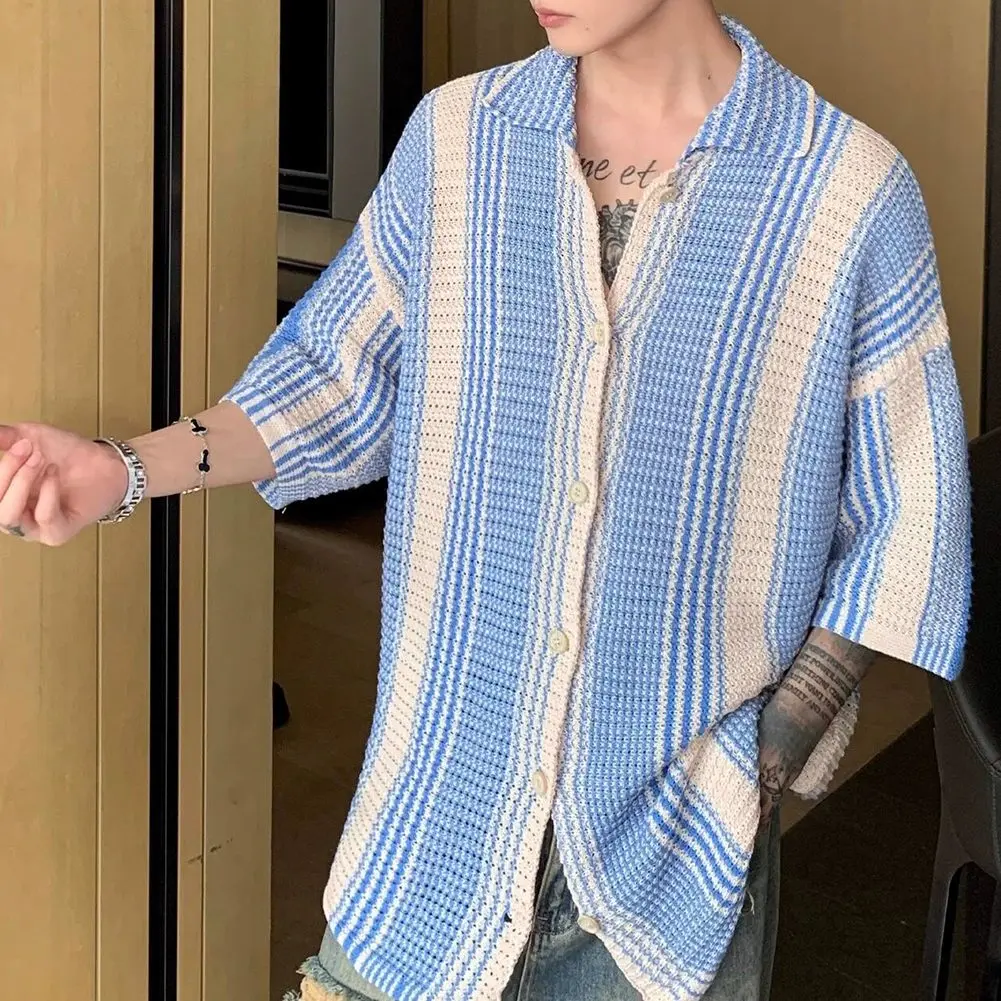 

Contrast Shirt Shirt Half Sleeve Hollow Out Breathable Lapel Male Men Polyester Regular Slight Stretch Stylish