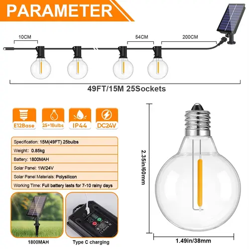 G40 Outdoor Solar String Light Garland LED Solar String Lights 24V Globe Waterproof Hanging Lights for Garden Backyard Cafe - Image 10