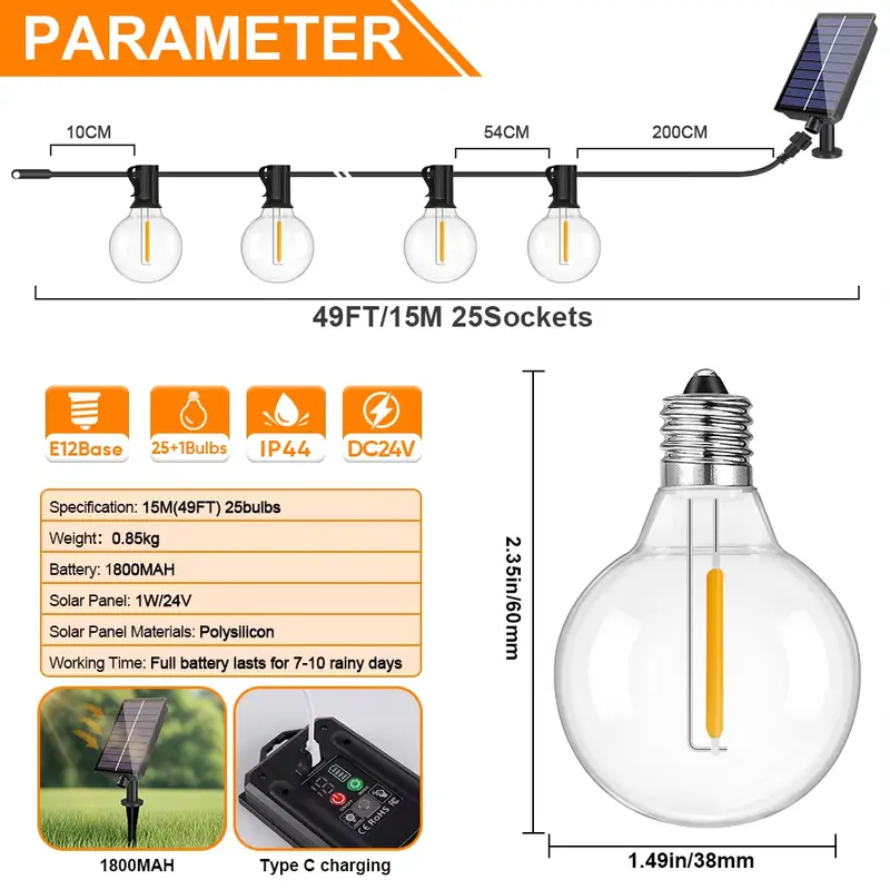 G40 Outdoor Solar String Light Garland LED Solar String Lights 24V Globe Waterproof Hanging Lights for Garden Backyard Cafe - Image 10