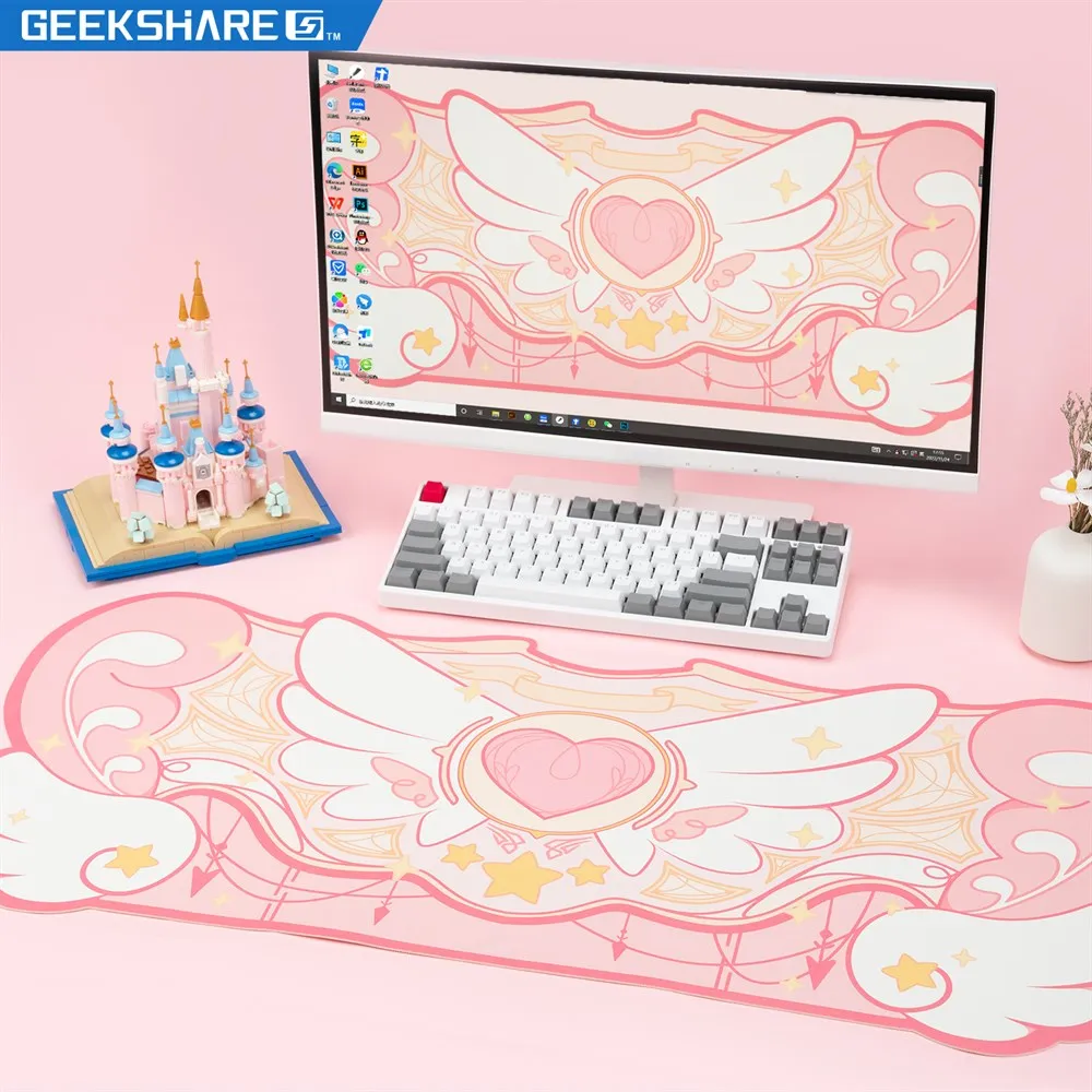 Geekshre-anti-slip Waterproof Gaming Mouse Pad Kawaii Pink Star Wings Desk Mat Mesa de Escritório Tamanho Grande 84x37cm