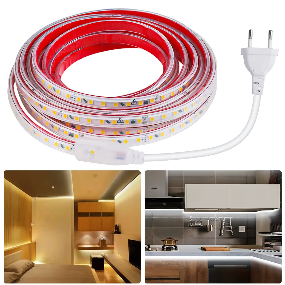 

220V Клейкая светодиодная ленточная лампа 120LED/m Цветовая лента Led IP67 водонепроницаемая гибкая лампа с 1-100m Для наружного освещения