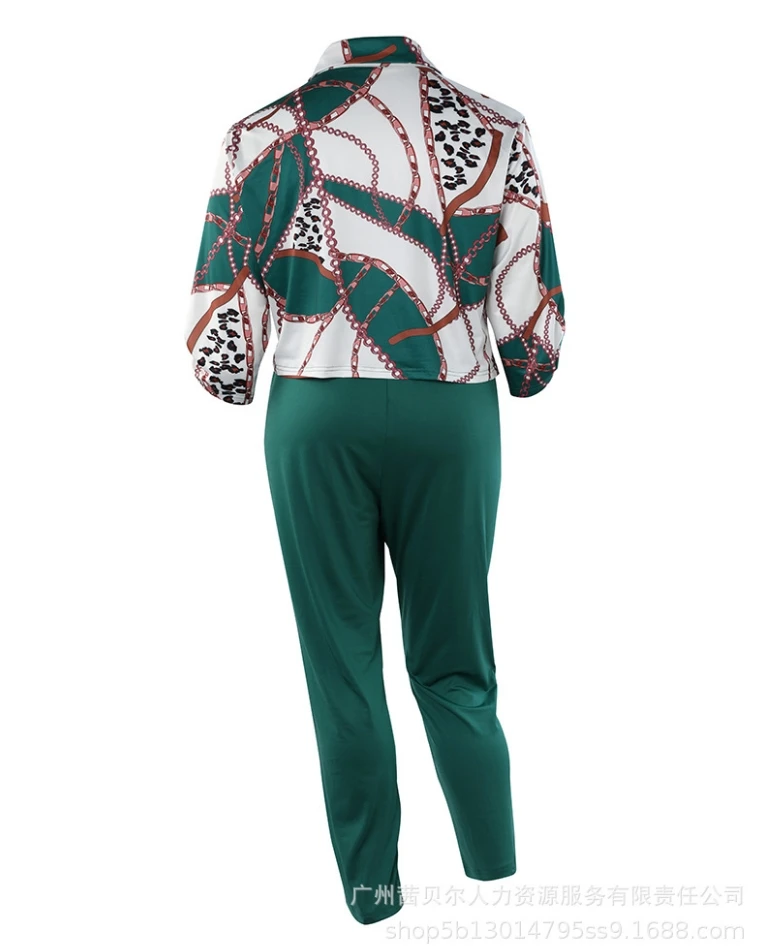 Plus Size Two-piece Women's Commuting Contrast Print Button Tie Details Long Sleeve Shirt Top and High Waist Slim Fit Pants Set