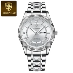 POEDAGAR Luxury Stainless Steel Men's Quartz Wristwatch - Waterproof & Luminous (Silver White)