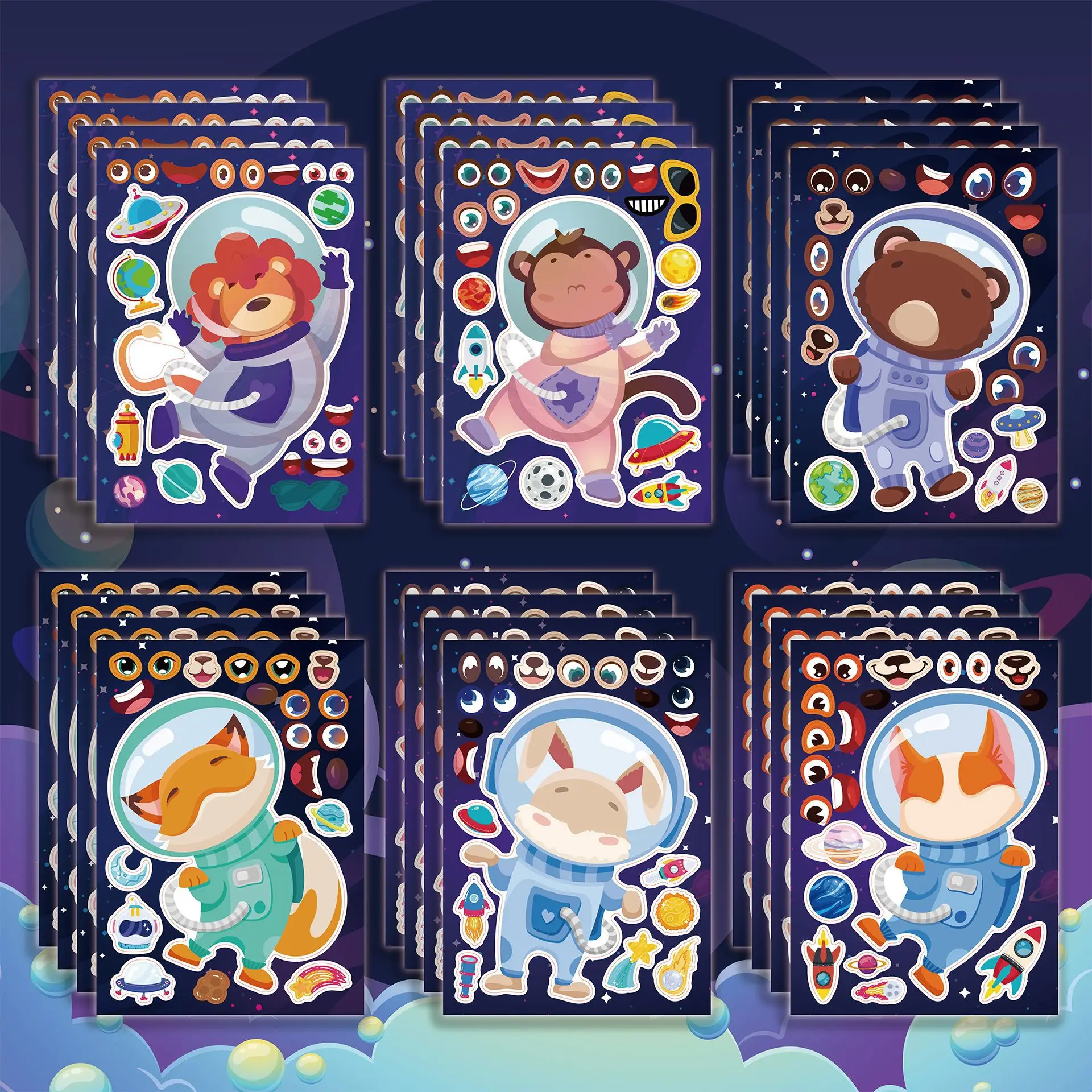 

6/12Sheets Children DIY Animal Astronaut Puzzle Make A Face Sticker Educational Assemble Jigsaw Fun for Kid Birthday Gift Party