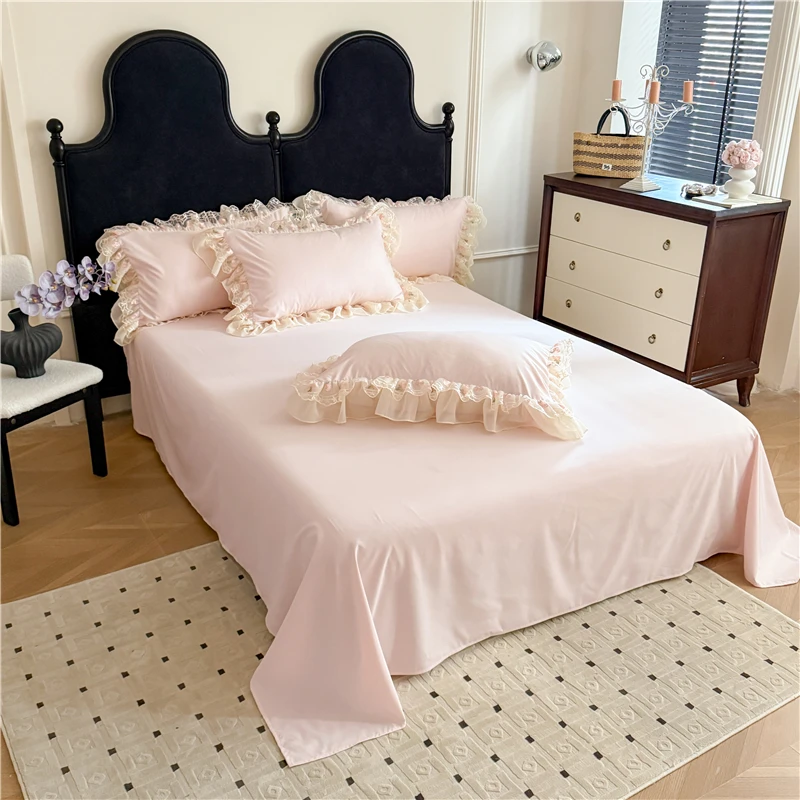4Pcs Princess Wedding Bedding Set Korean Style Lace Flowers Embroidery Duvet Cover Bed Sheet/Fitted Sheet/Bed Skirt Pillowcases 4