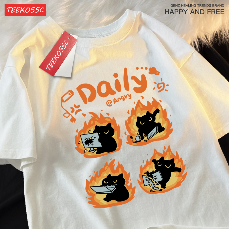 Daily Angery Black Cat Printing Mens T-Shirt All-Match Casual Short Sleeve Cotton Summer Streetwear Hip Hop Loose Clothes