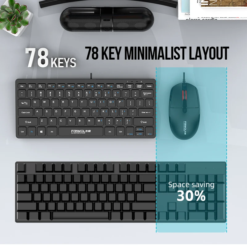 FRIWOL KT-100 유선 키보드 마우스 세트 78 키 미니 휴대용 키보드 USB 데스크탑 노트북 오피스 홈 라이트 음성