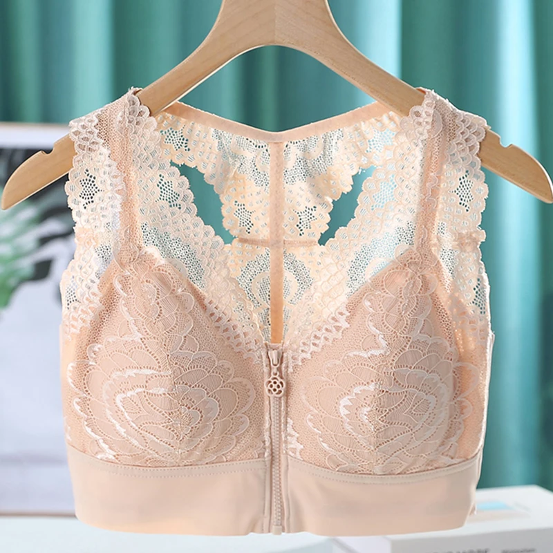 

Womens Wireless Front Closure Lace Bra Full Coverage Lightly Padded Underwear Female Floral Push Up Lingerie 34 36 38 40 42 C D