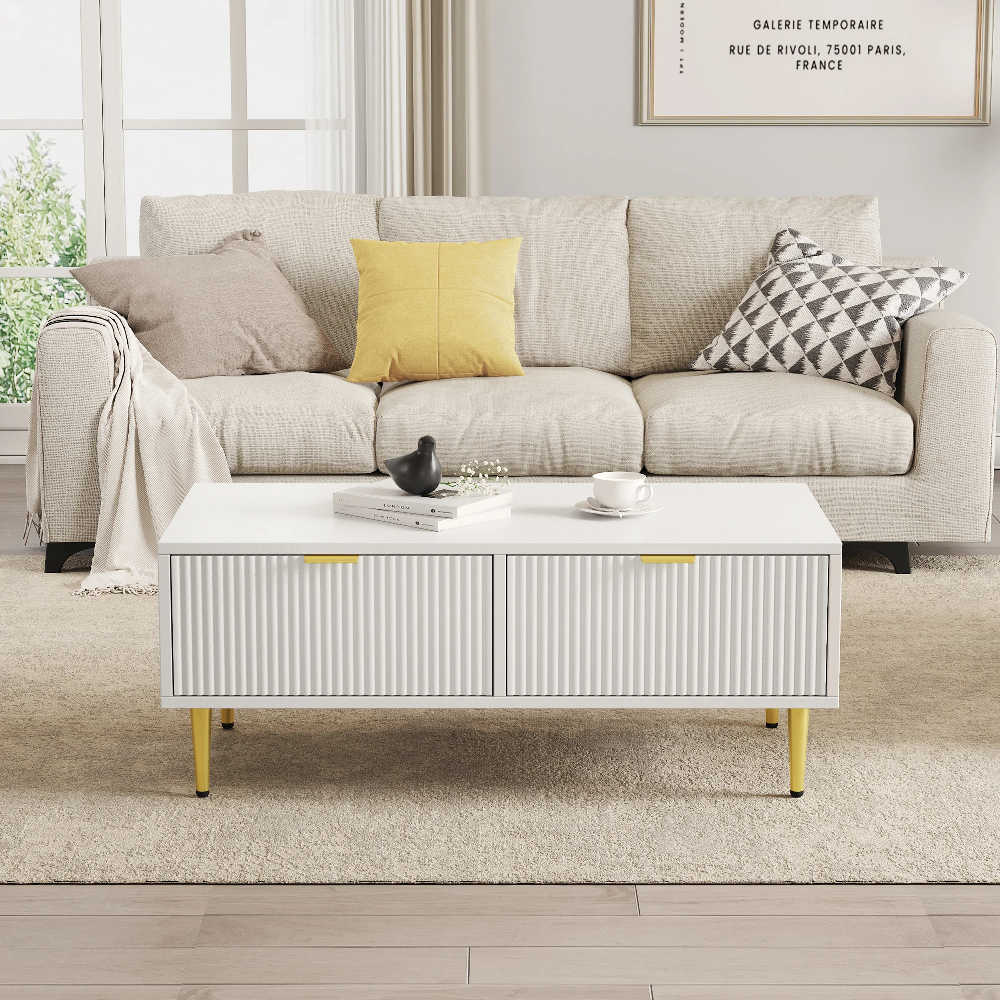 KOMHTOM Moderner Weißer Couchtisch mit Goldenen Akzenten 100x50x40cm, 2 Schubladen, Vertikales Streifendesign – Detail 1