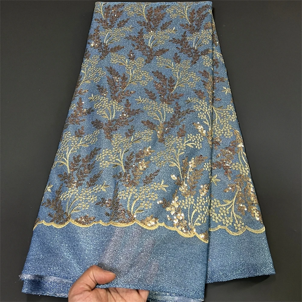 

2023High Quality African Nigerian Lace Fabric Embroidery Tulle Pure Wedding Party Dress Guipure SequinsFor Sewing Beads 5yards