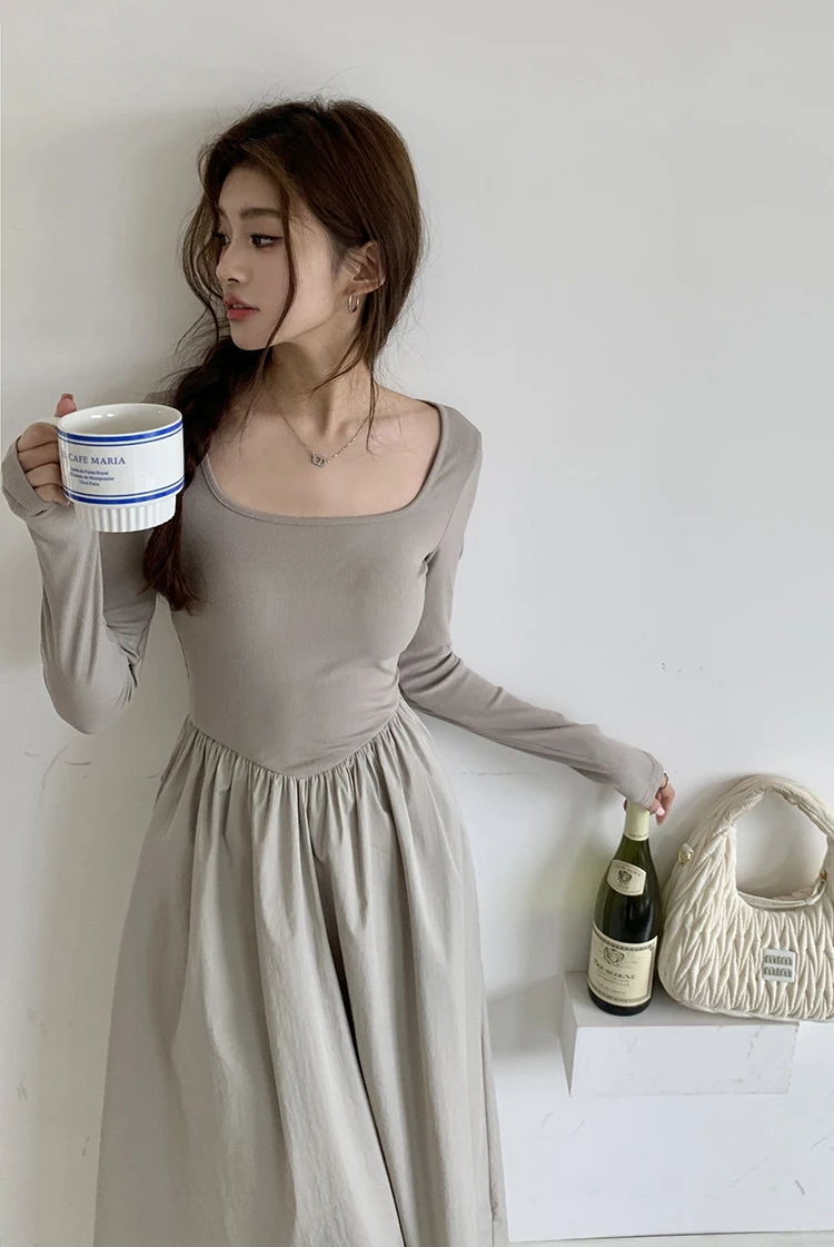 Casual Knitted Midi Dresses for Women Solid Long Sleeves Square Collar A-line Autumn New Elegant Dress Female Slim Vestidos