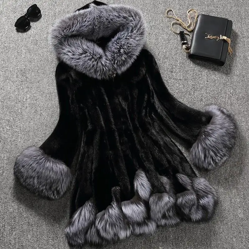 Korean Oversized 4XL Fashion Faux Mink Fur Coat Women's  Autumn Winter Fox Collar Hooded Jacket Top Women's Christmas Dress