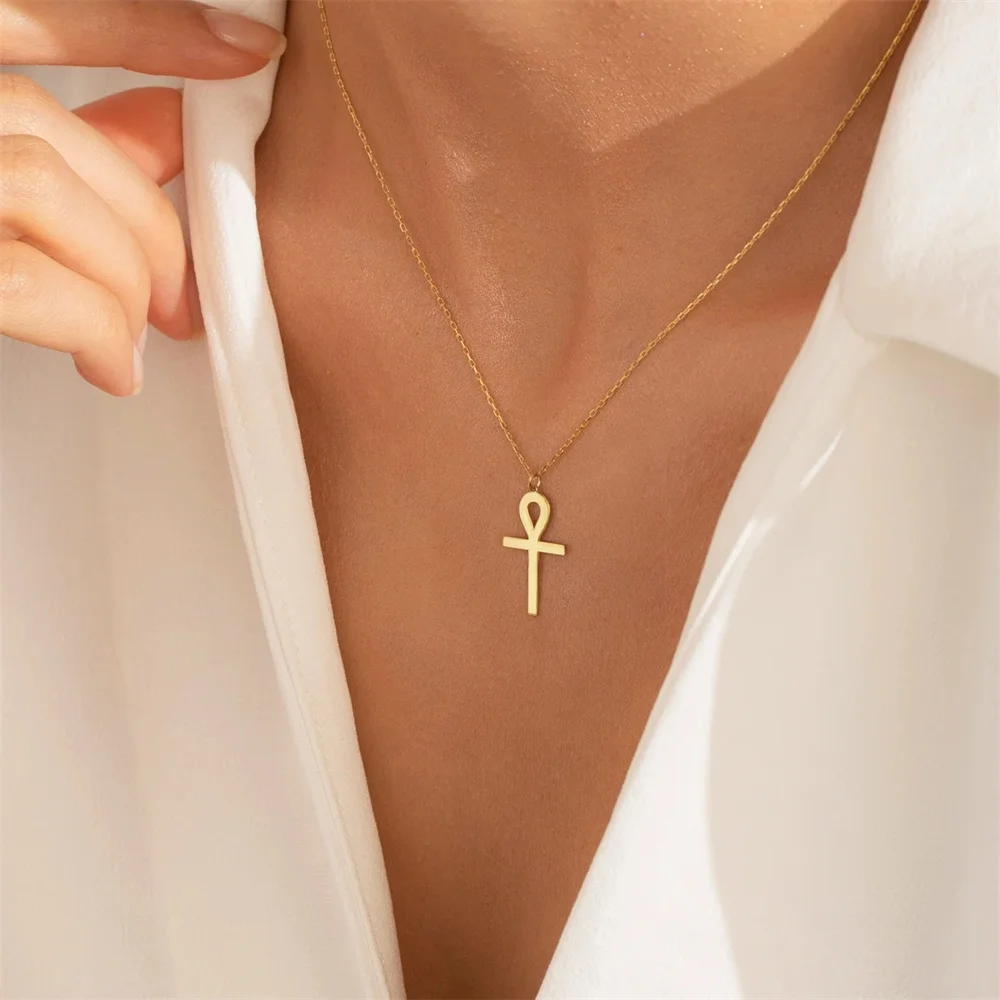 

Stainless Steel Egyptian Ankh Amulet Necklace Cross Pendant Vintage Female Religious Collar Chain Fashion Jewelry for Women