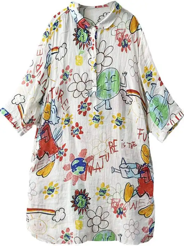 Summer Artistic Flax fiti Print Loose Casual Long irt Women's Street Sle Loose Fit Sun Protection Top T-irt Dr