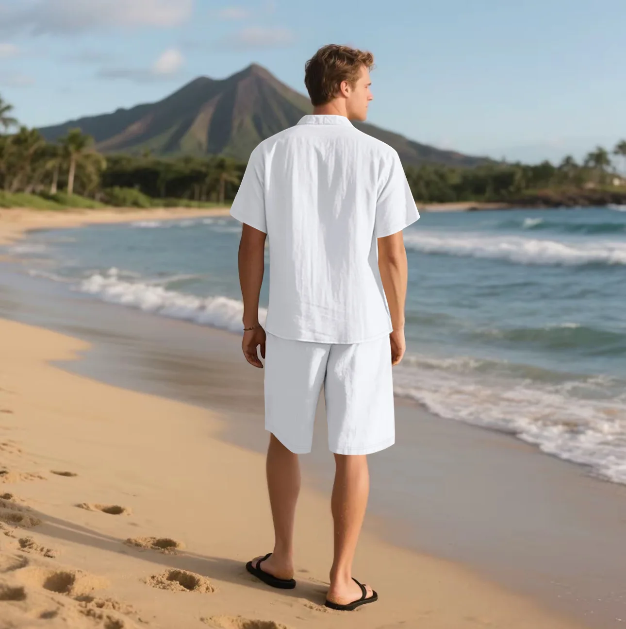 Summer Men's Solid-Color Linen Beach Suit, Lapel Button Short-Sleeved Shirt Paired With Drawstring Shorts, Casual 2-Piece Set