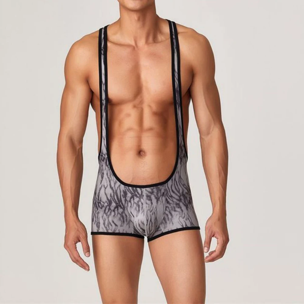 Men Unershirts Mesh Open Butt Wrestling Singlet Leotard Male One-Piece Pajama Sexy Jockstrap Underwear Faux Leather Jumpsuit
