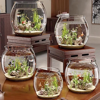 Hydroponic Plant Ecological Tank Transparent Round Ornamental Fish Tank Clear Small Fish Tank Goldfish Bowl Home Desk Decoration