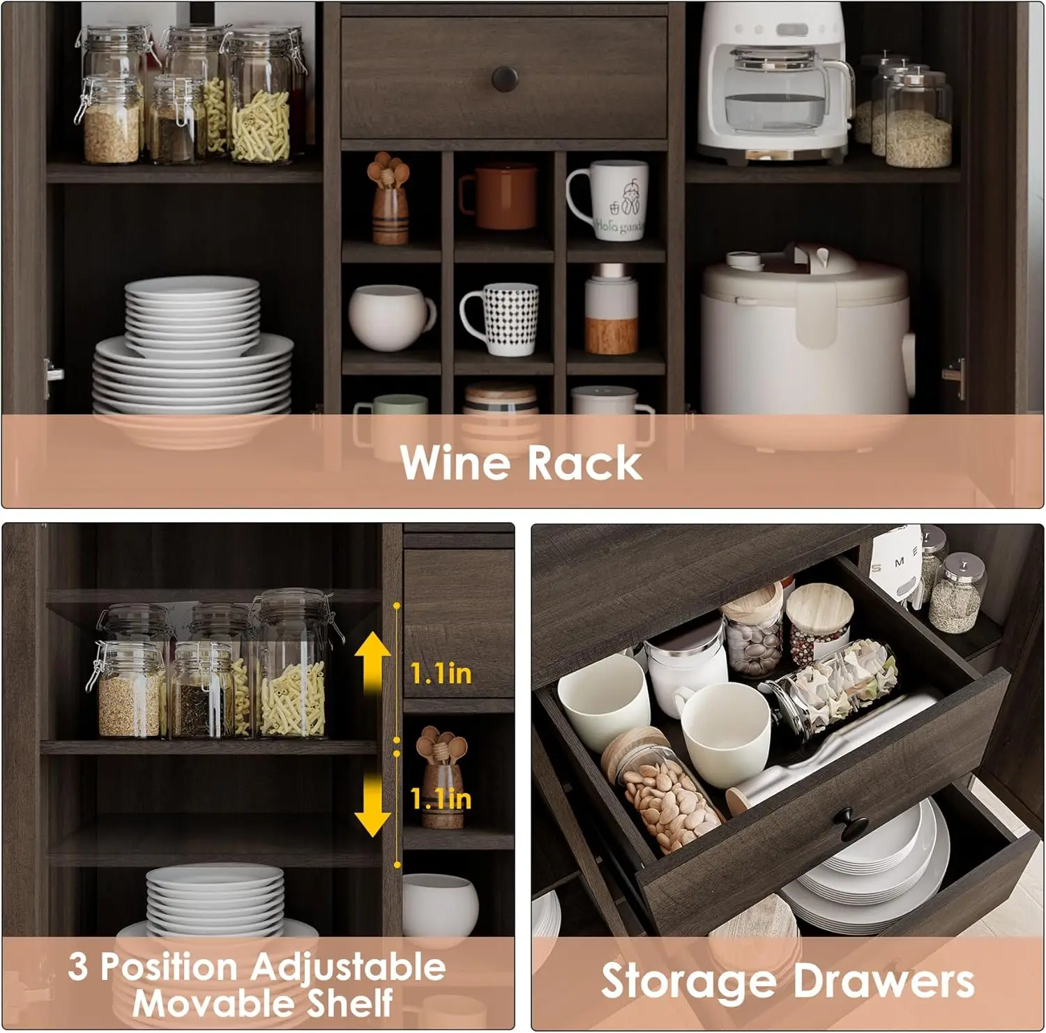Buffet Sideboard Bar Cabinet with Storage, Farmhouse Coffee Bar Cabinet with 2 Drawers and Adjustable Shelves, 43.3&rsquo; Kitchen