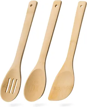 3PCS Bamboo Cooking Utensil Set: Slotted Spoon, Wooden Spoon & Spatula for Non-Stick Pans, Durable Natural Kitchen Tools 1