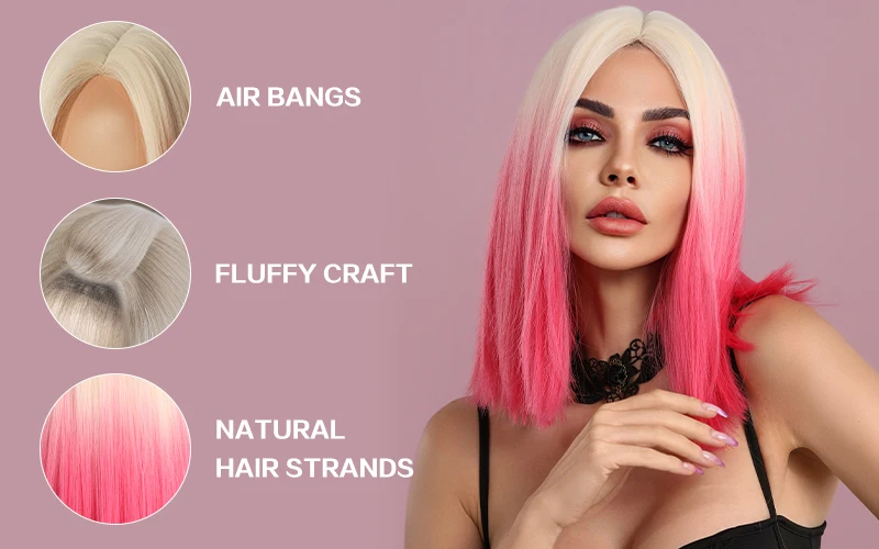7JHH WIGS Short Straight Bob Wig T Part Pink Lace Front Wig for Women Daily Cosplay Party Heat Resistant Fiber Natural Hair