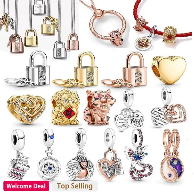 New S925 Silver Love Lock Pendant Tiger Pixiu String Decoration Suitable for Original Women's Bracelet Necklace DIY Jewelry Gift [fila]love string shopper bag