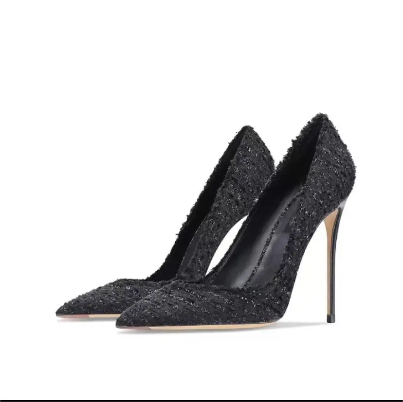 

2023 Women 8cm High Heels Sexy Pumps Lady Glitter Woven Party Heels Bling Luxury Design Versatile Women's Shoes