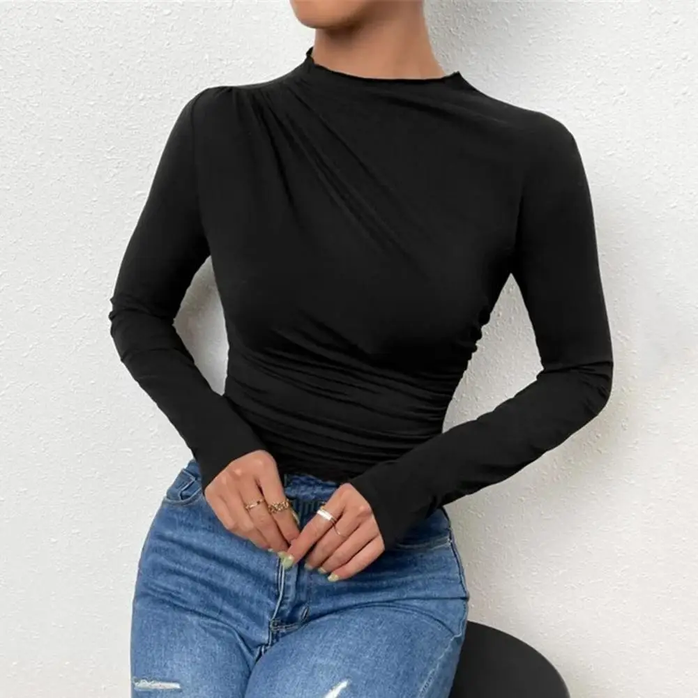 

Women Long Sleeve Top Elegant Women's Solid Color Pleated Pullover Top with Half High Collar Slim Fit Long Sleeve for Stylish