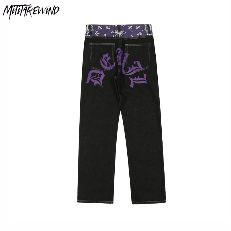 

High Street Men Baggy Jeans Streetwear Bandana Print Color Block Patchwork Straight Denim Pants Harajuku Casual Loose Trousers