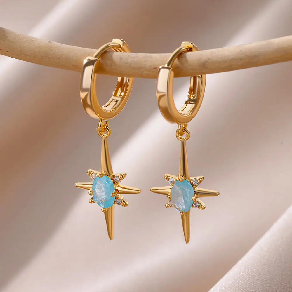 Zircon Point Star Crystal Earrings for Women 18K Gold Plated Stainless Steel