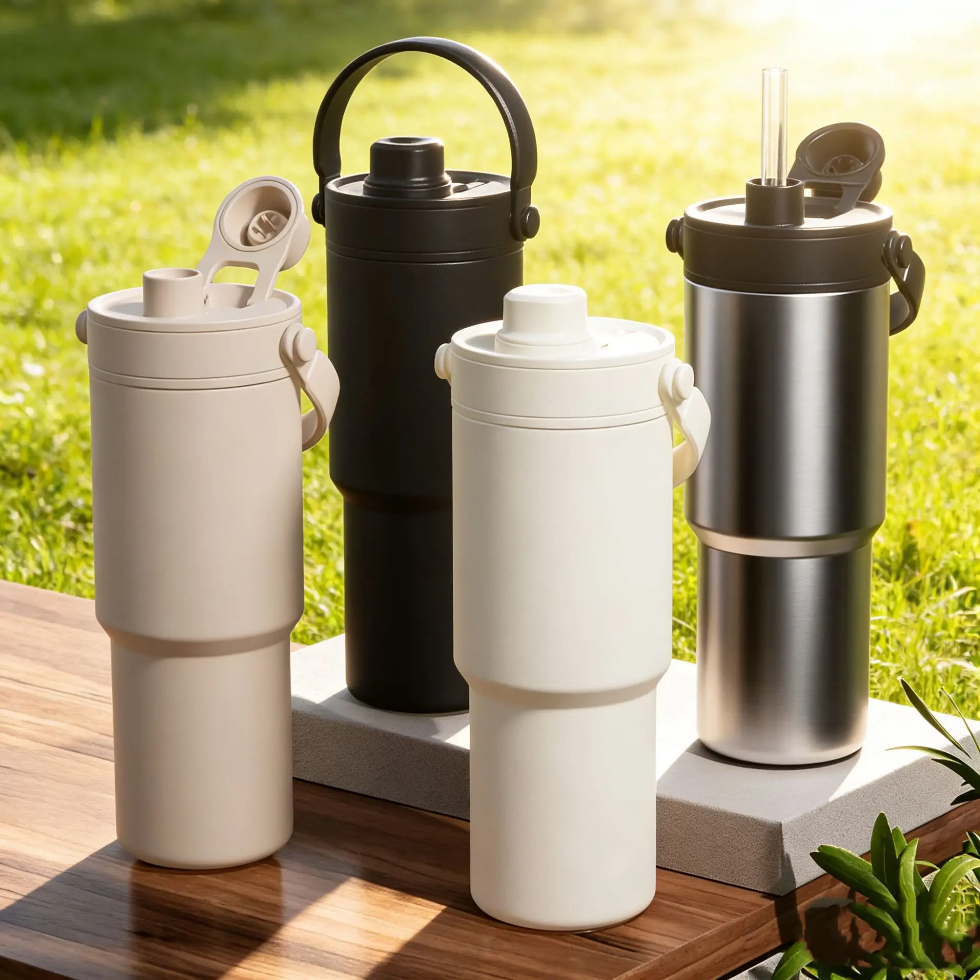 Stainless Steel Insulated Tumbler with Straw and Portable Handle - 24oz