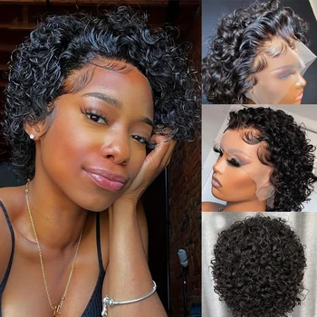 13x1 Pixie Curly Human Hair Wig Pixie Cut Curly Transparent Lace Wigs Brazilian Remy 100% Human Hair Wigs For Black Women 1