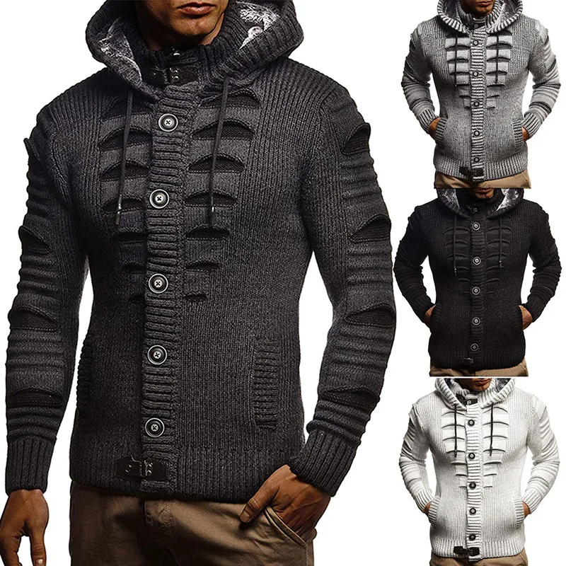 

Vintage Cardigan Men Casual Single Breasted Solid Color Oversized Sweater Mens Knitted Hooded Cardigans Winter Fashion Sweater