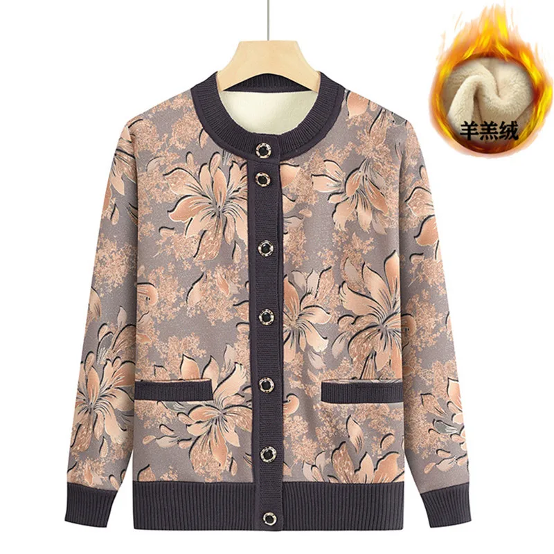 

Retro Printed Grandma Autumn Winter Plush Thickened Sweater Women's Knitted Cardigan Coat Warm Loose Middle Aged Mother Jacket