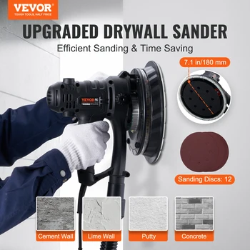 VEVOR Drywall Sander, Variable Speed 1200-2300 RPM Wall Sander with Automatic Vacuum Dust Collection System, Double LED Lights 2