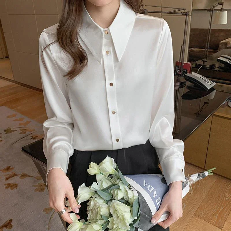 Spring Autumn Office Lady Elegant Fashion Polo-neck Chiffon Shirt Solid Long Sleeve All-match Bottomed Blouse Top Women Cardigan