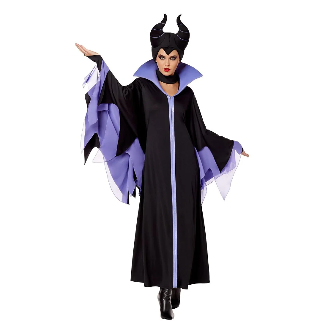 

Witch Maleficent Sleeping Beauty Cosplay Costume Adult Women Hallowen Costumes Evil Black Dress Horn Hat Outfit Hat Helmet Hood